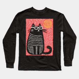 Cute Cat Watching the Sun | Boho Linocut Long Sleeve T-Shirt