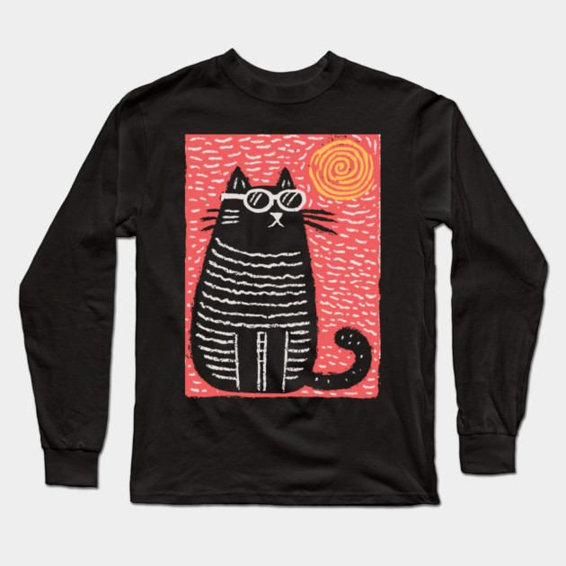 Cute Cat Watching the Sun | Boho Linocut Long Sleeve T-Shirt by TuncGK