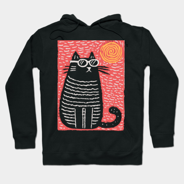 Cute Cat Watching the Sun | Boho Linocut Hoodie by TuncGK