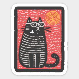Cute Cat Watching the Sun | Boho Linocut Magnet