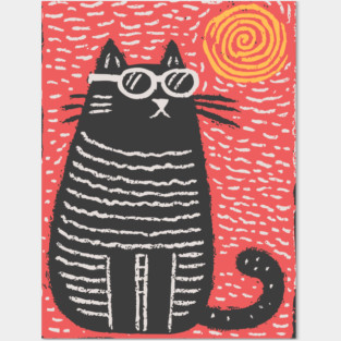Cute Cat Watching the Sun | Boho Linocut Posters and Art