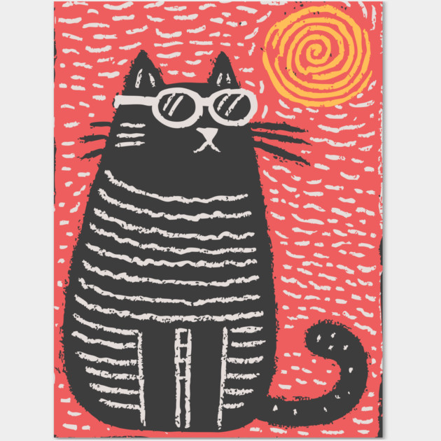 Cute Cat Watching the Sun | Boho Linocut Wall Art by TuncGK