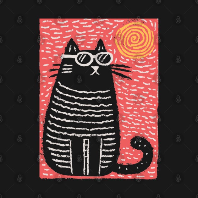 Cute Cat Watching the Sun | Boho Linocut by TuncGK