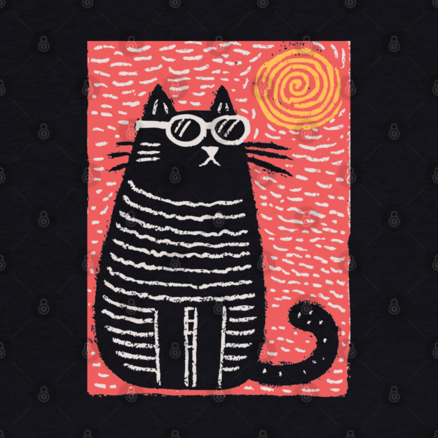 Cute Cat Watching the Sun | Boho Linocut by TuncGK