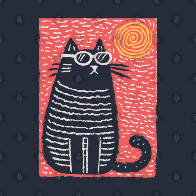 Cute Cat Watching the Sun | Boho Linocut by TuncGK