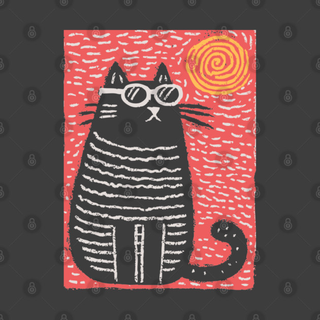 Cute Cat Watching the Sun | Boho Linocut by TuncGK