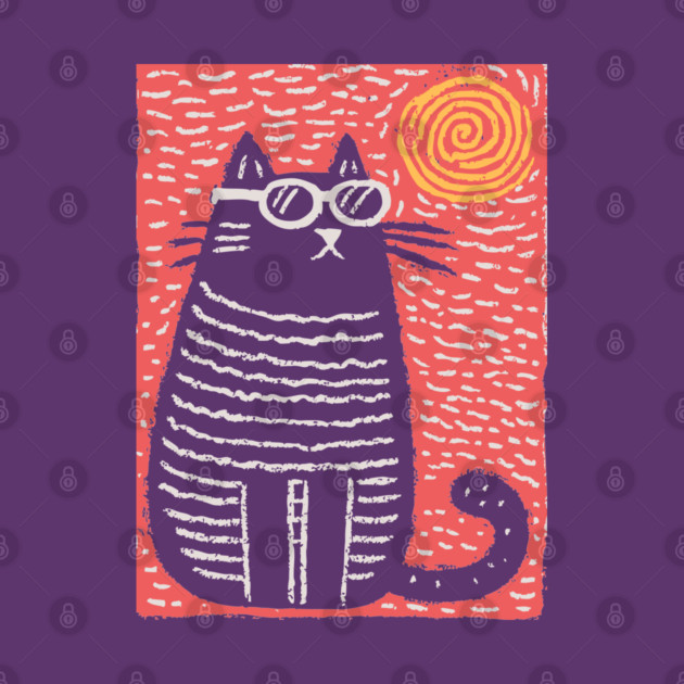 Cute Cat Watching the Sun | Boho Linocut by TuncGK