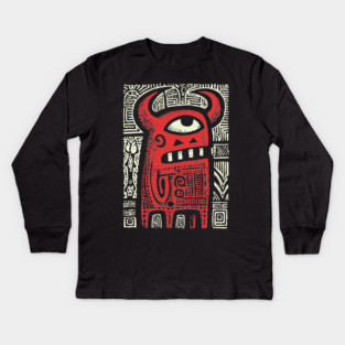Angry Cyclops Monster | Red Tribal Graphic Kids Long Sleeve T-Shirt