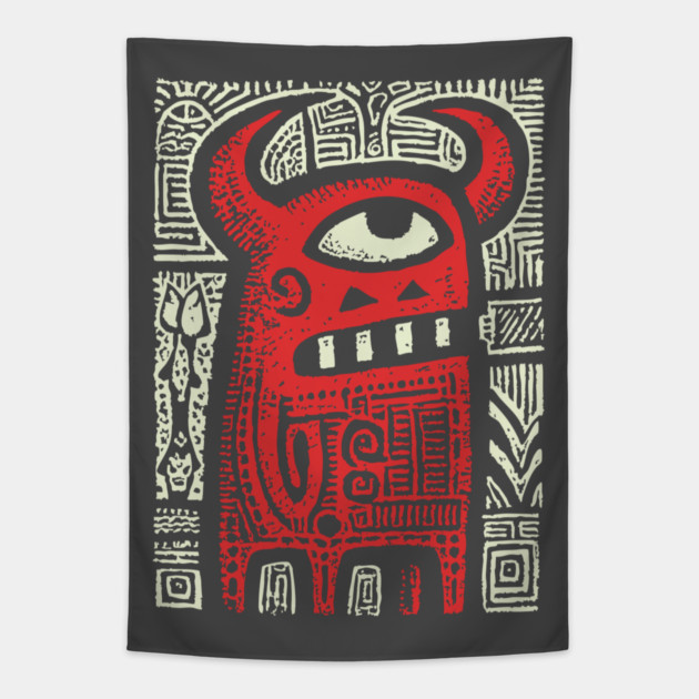 Angry Cyclops Monster | Red Tribal Graphic Tapestry by TuncGK