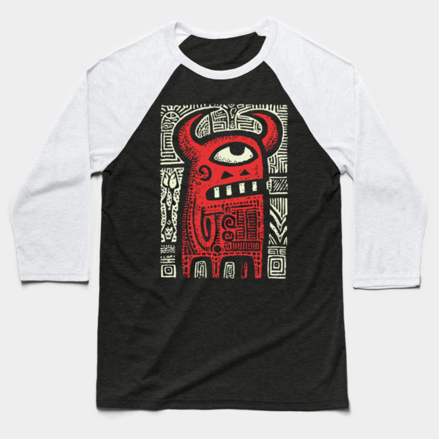 Angry Cyclops Monster | Red Tribal Graphic Baseball T-Shirt by TuncGK