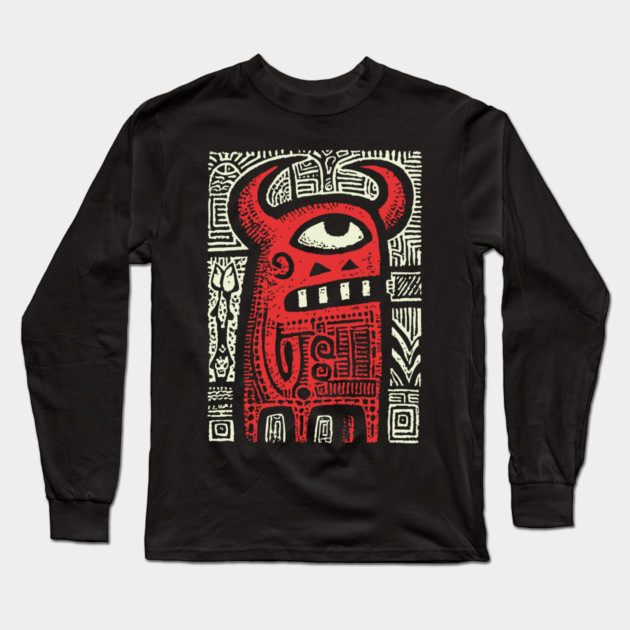 Angry Cyclops Monster | Red Tribal Graphic Long Sleeve T-Shirt by TuncGK