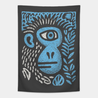 Abstract Monkey Cyclops | Blue Primate Doodle Tapestry