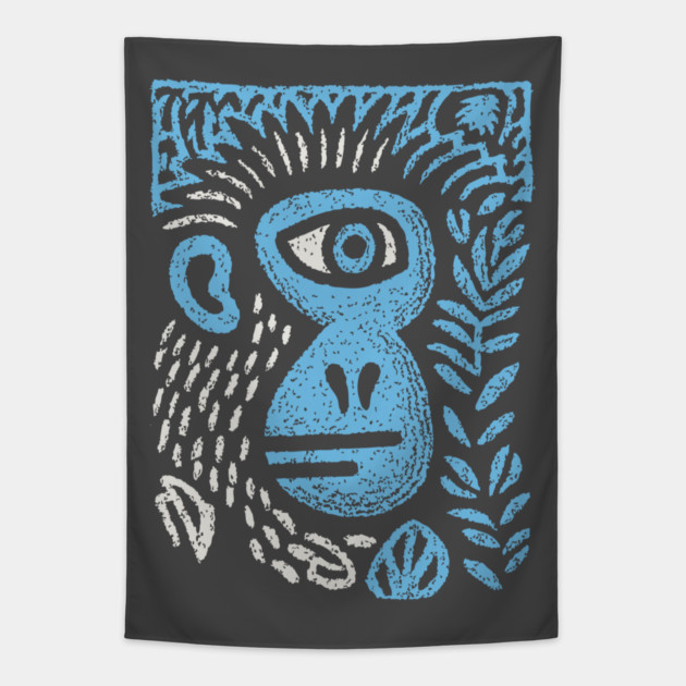 Abstract Monkey Cyclops | Blue Primate Doodle Tapestry by TuncGK