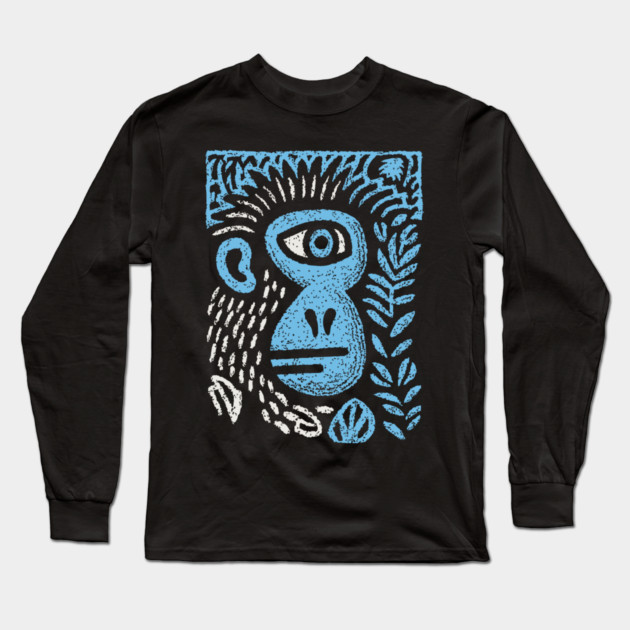 Abstract Monkey Cyclops | Blue Primate Doodle Long Sleeve T-Shirt by TuncGK