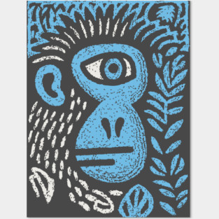 Abstract Monkey Cyclops | Blue Primate Doodle Posters and Art
