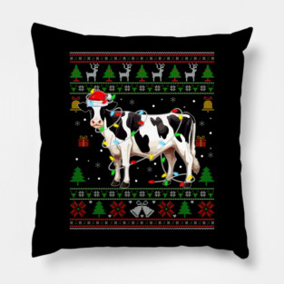 Cow Santa Hat Ugly Christmas Sweater Xmas Lights Men Women Pillow