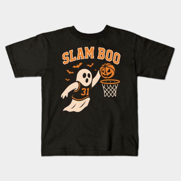 Slam Boo Ghost Basketball Halloween Artwork Graphic Kids T-Shirt by MakerMind8.2