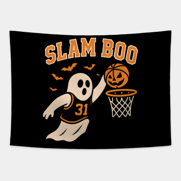Slam Boo Ghost Basketball Halloween Artwork Graphic Tapestry by MakerMind8.2
