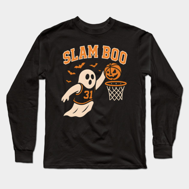 Slam Boo Ghost Basketball Halloween Artwork Graphic Long Sleeve T-Shirt by MakerMind8.2