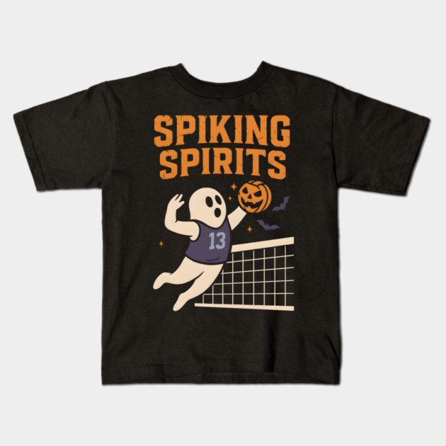 Spiking Spirits Volleyball Ghost Halloween Kids T-Shirt by MakerMind8.2