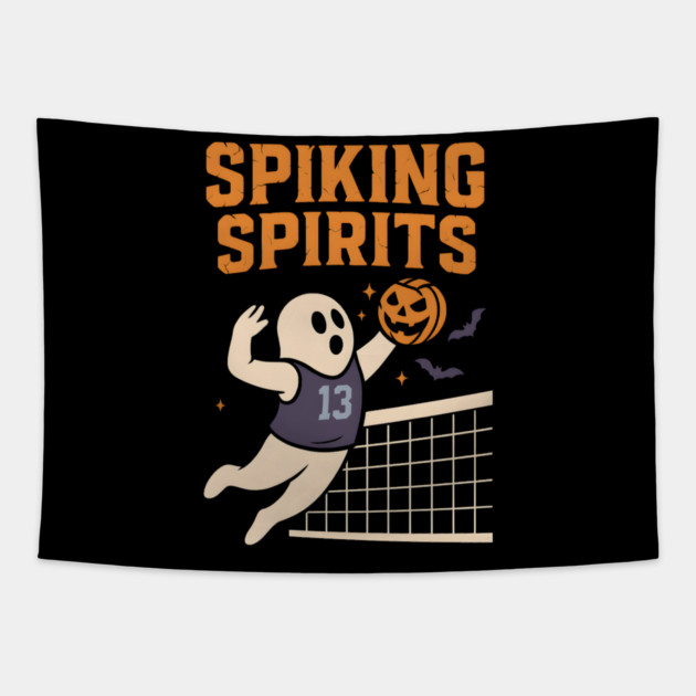 Spiking Spirits Volleyball Ghost Halloween Tapestry by MakerMind8.2