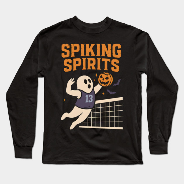 Spiking Spirits Volleyball Ghost Halloween Long Sleeve T-Shirt by MakerMind8.2
