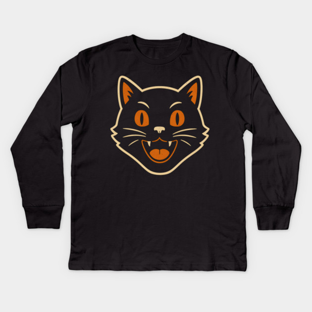 Vintage Halloween Cat Face Artwork | Retro Black Cat Gift Kids Long Sleeve T-Shirt by MakerMind8.2
