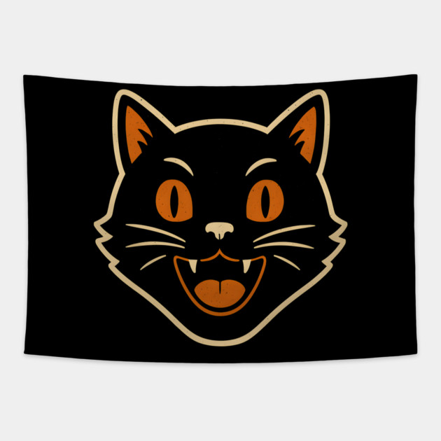 Vintage Halloween Cat Face Artwork | Retro Black Cat Gift Tapestry by MakerMind8.2