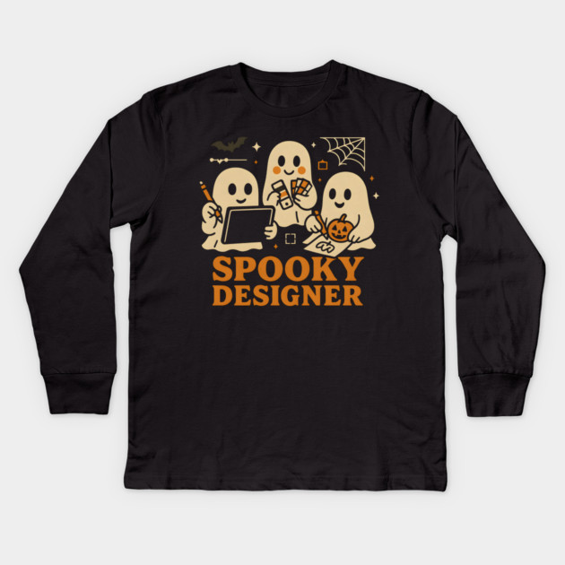 Spooky Designer Ghost Trio Halloween Artwork Graphic Kids Long Sleeve T-Shirt by MakerMind8.2