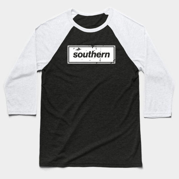 Southern - England Oasis Distressed Style Statement White Baseball T-Shirt by Butter Creative