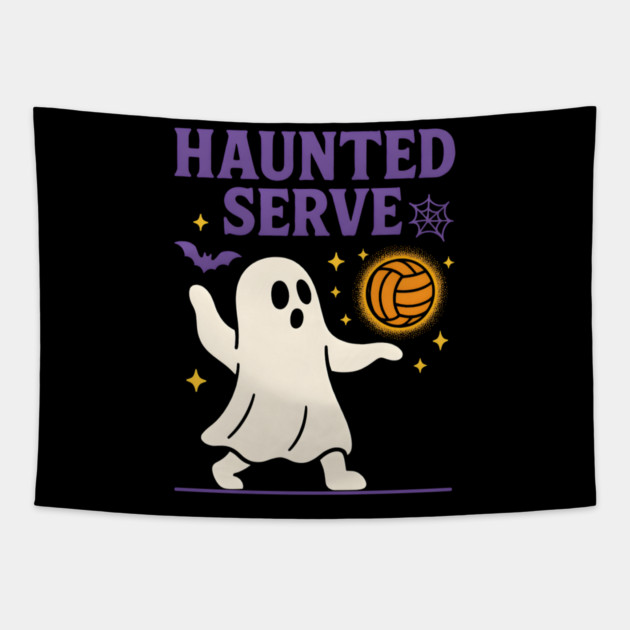 Haunted Serve Ghost Volleyball Halloween Graphic Gift Tapestry by MakerMind8.2
