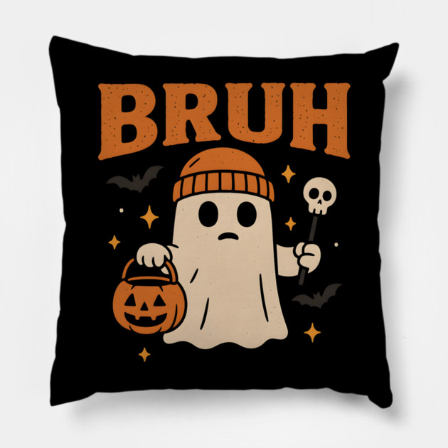 Bruh Ghost Halloween Funny Meme Pumpkin Graphic Gift Pillow by MakerMind8.2