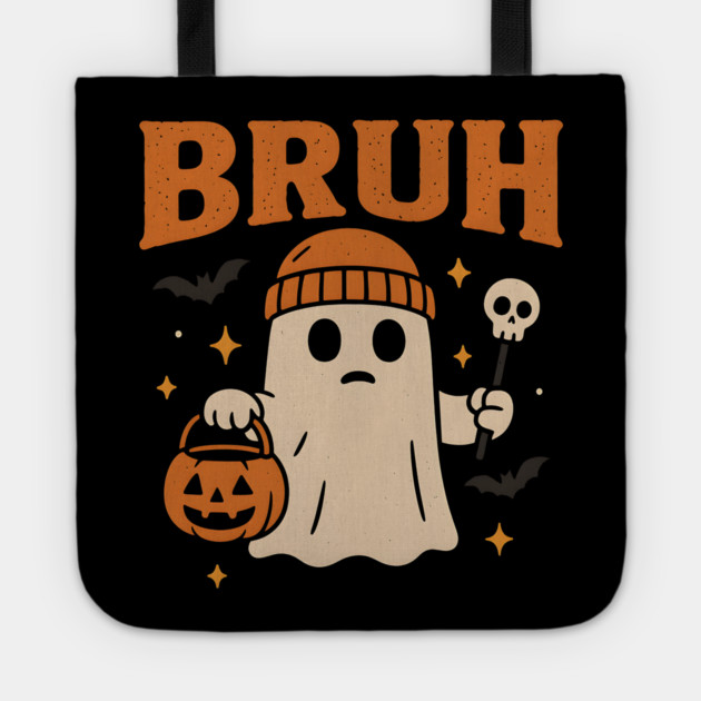 Bruh Ghost Halloween Funny Meme Pumpkin Graphic Gift Tote by MakerMind8.2