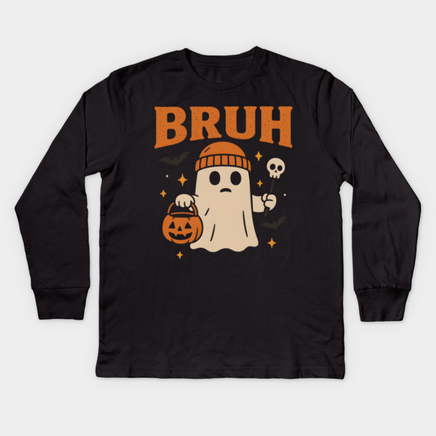 Bruh Ghost Halloween Funny Meme Pumpkin Graphic Gift Kids Long Sleeve T-Shirt by MakerMind8.2