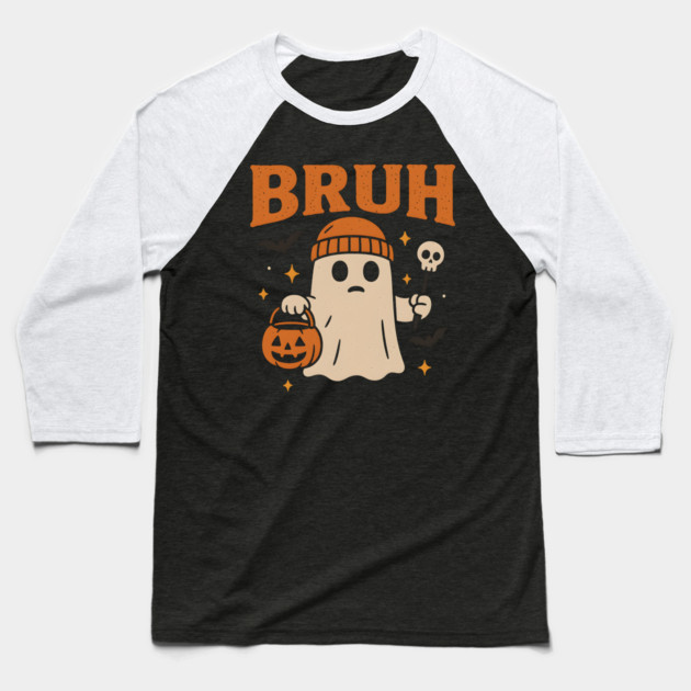 Bruh Ghost Halloween Funny Meme Pumpkin Graphic Gift Baseball T-Shirt by MakerMind8.2