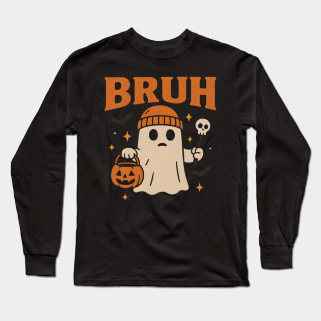 Bruh Ghost Halloween Funny Meme Pumpkin Graphic Gift Long Sleeve T-Shirt by MakerMind8.2