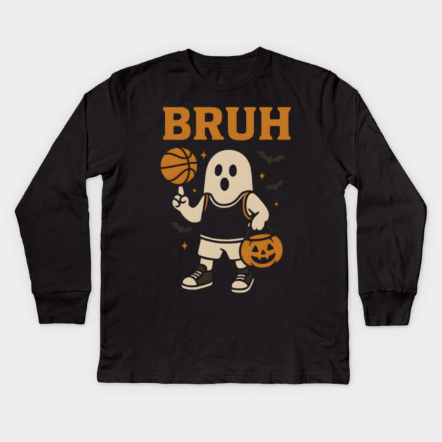 Bruh Ghost Basketball Halloween Funny Graphic Gift Kids Long Sleeve T-Shirt by MakerMind8.2