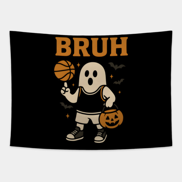 Bruh Ghost Basketball Halloween Funny Graphic Gift Tapestry by MakerMind8.2