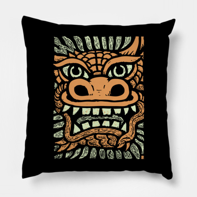 Ornate Dragon Mask | Pastel Mythical Guardian Pillow by TuncGK