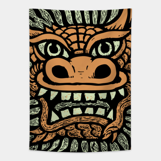 Ornate Dragon Mask | Pastel Mythical Guardian Tapestry by TuncGK