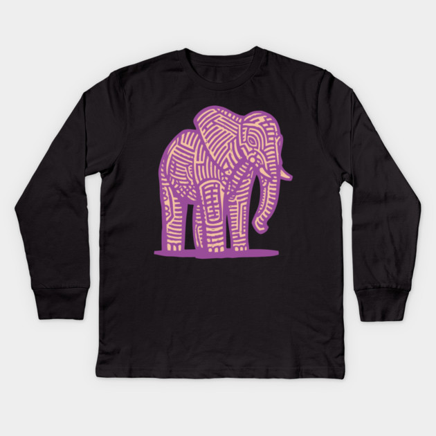 Majestic Purple Elephant | Tribal Pattern Graphic Kids Long Sleeve T-Shirt by TuncGK