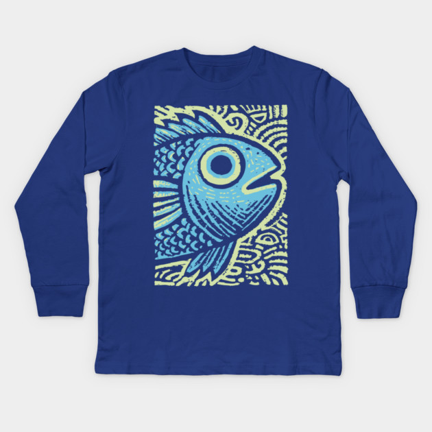 Blue Fish | Abstract Ocean Life Graphic Kids Long Sleeve T-Shirt by TuncGK