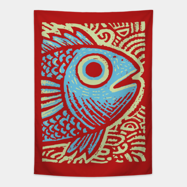 Blue Fish | Abstract Ocean Life Graphic Tapestry by TuncGK