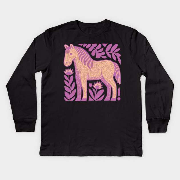 Boho Horse | Whimsical Floral Equestrian Kids Long Sleeve T-Shirt by TuncGK
