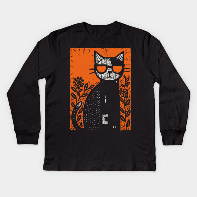 Retro Beatnik Cat | Mid-Century Modern Graphic Kids Long Sleeve T-Shirt by TuncGK