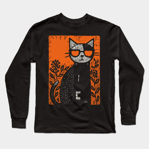 Retro Beatnik Cat | Mid-Century Modern Graphic Long Sleeve T-Shirt by TuncGK