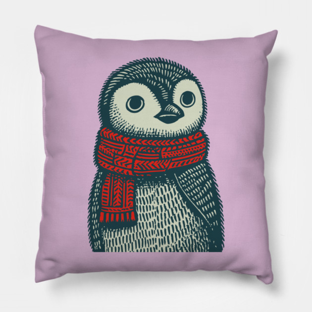 Cozy Emperor Penguin Chick | Illustrative Winter Bird Pillow by TuncGK