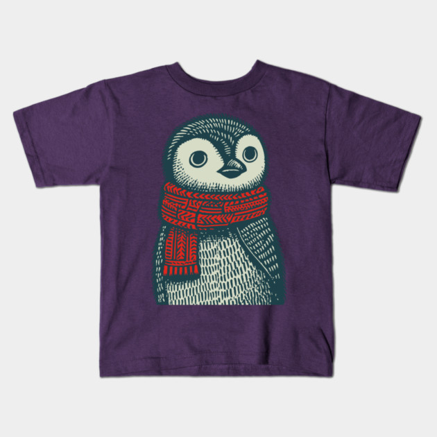Cozy Emperor Penguin Chick | Illustrative Winter Bird Kids T-Shirt by TuncGK