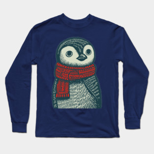 Cozy Emperor Penguin Chick | Illustrative Winter Bird Long Sleeve T-Shirt