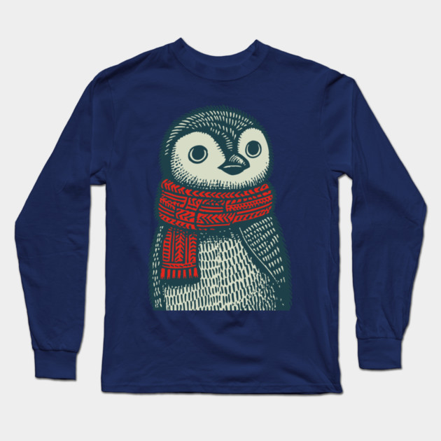 Cozy Emperor Penguin Chick | Illustrative Winter Bird Long Sleeve T-Shirt by TuncGK